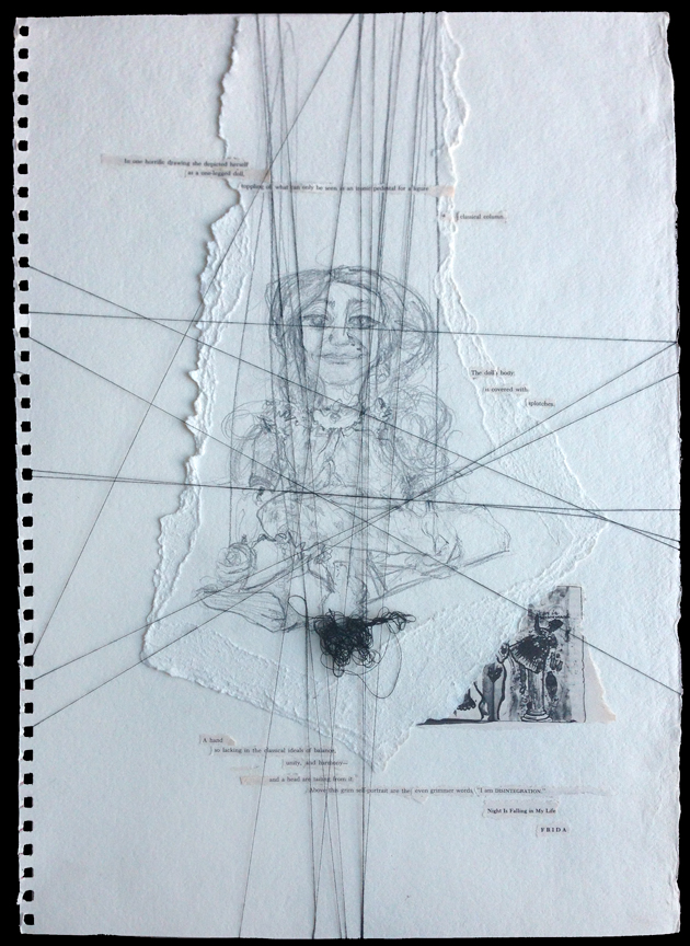 Self Portrait, collage 6. 360 mm x 500mm. Pencil, collage (pages from Frida Kahlo novel & strings attached). NFS. © Soula Mantalvanos